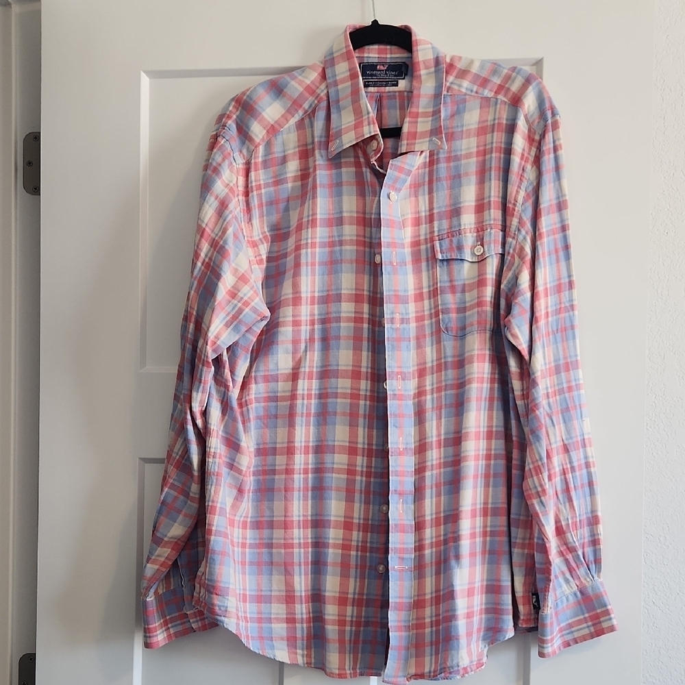 Men's Pink and Blue Plaid Shirt